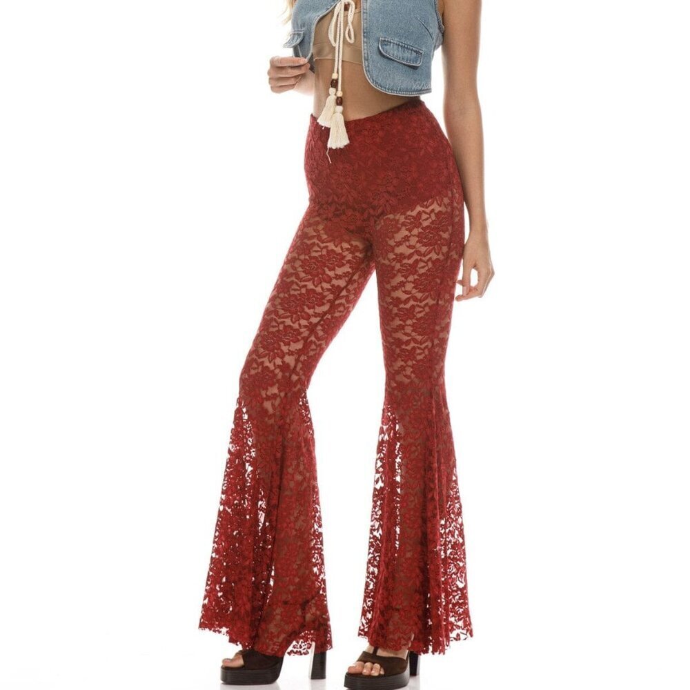 Galita Sheer Burgundy Red All Over Floral Lace Flare Pants Y2K